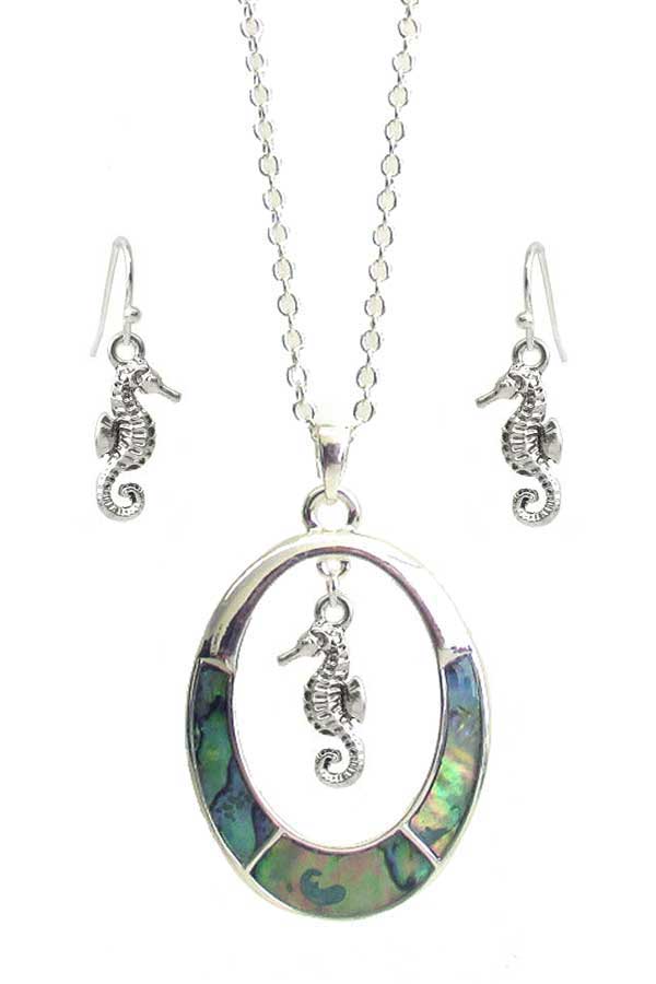 SEALIFE THEME ABALONE OVAL RING PENDANT NECKLACE SET - SEA HORSE