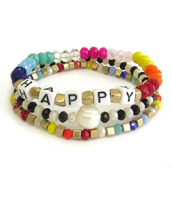 Word block gem stone triple stretch bracelet - happy