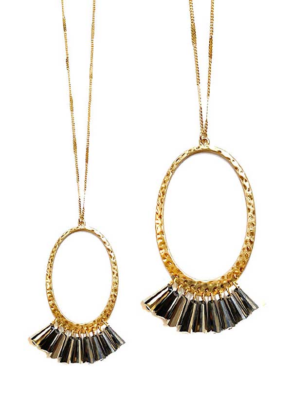 Multi facet stone and oval hoop pendant long necklace