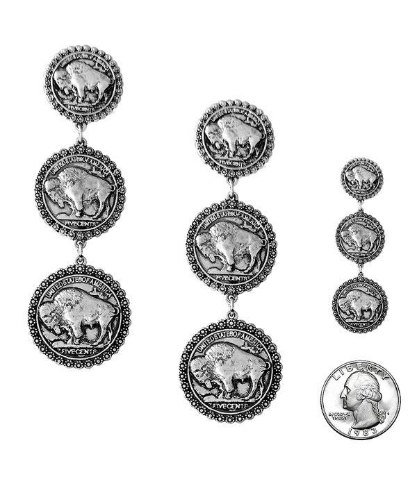 WESTERN THEME TRIPLE COIN DROP EARRING - BUFFALO