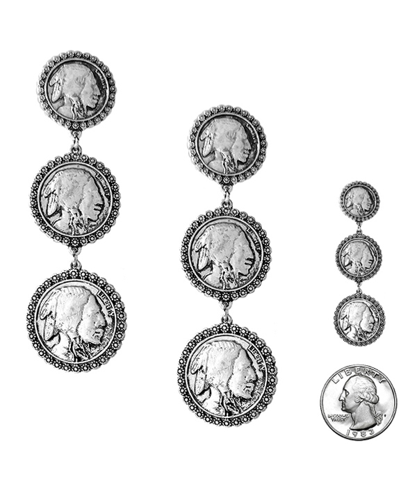 WESTERN THEME TRIPLE COIN DROP EARRING - INDIAN