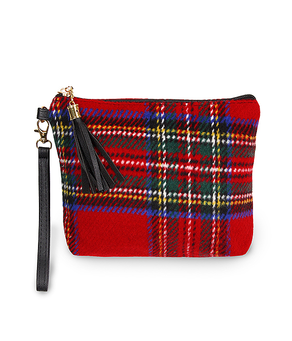 TARTAN WRISTLET POUCH BAG - 100% POLYESTER