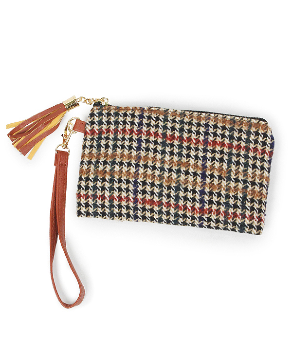 GLEN CHECK WRISTLET POUCH BAG - 100% POLYESTER