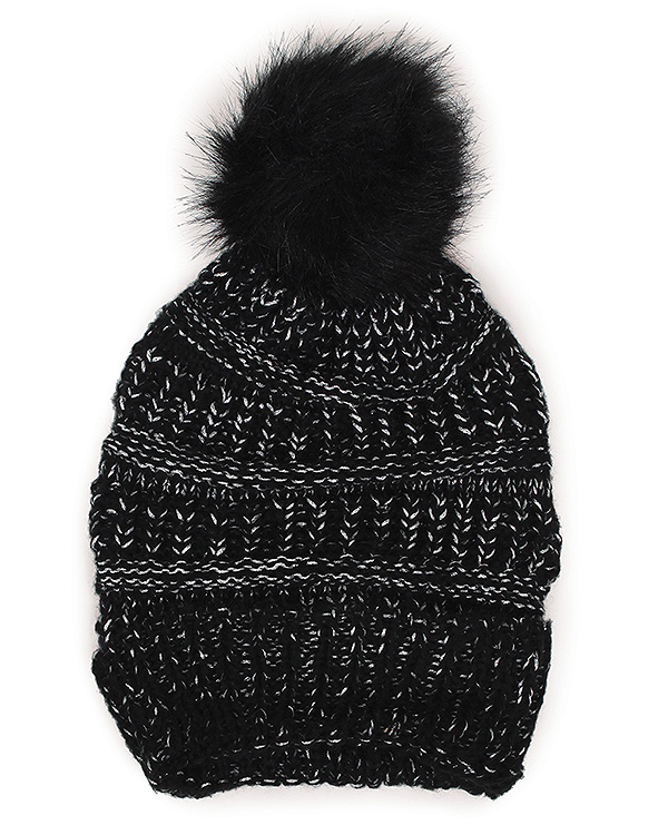Lurex mix knit beanie pom winter hat 100% acrylic