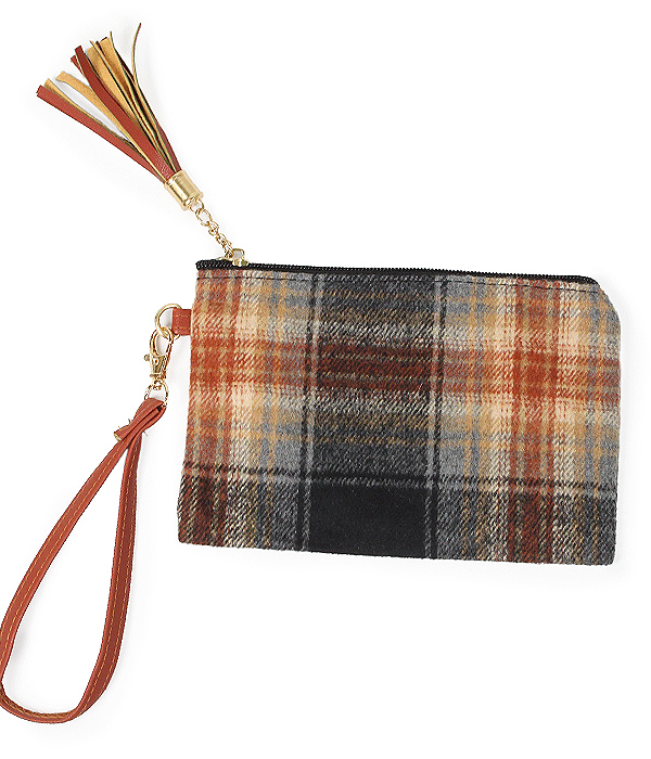 PLAID PATTERN WRISTLET POUCH BAG - 100% POLYESTER