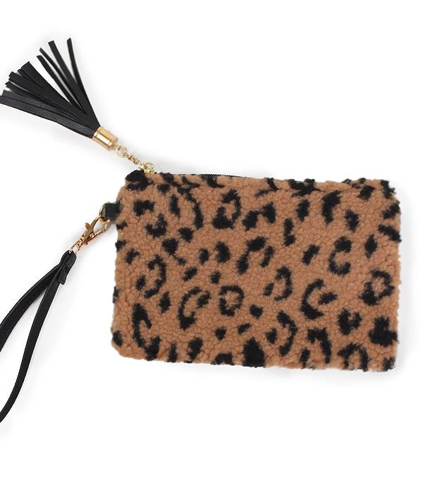 ANIMAL PRINT FUR WRISTLET POUCH BAG - 100% POLYESTER