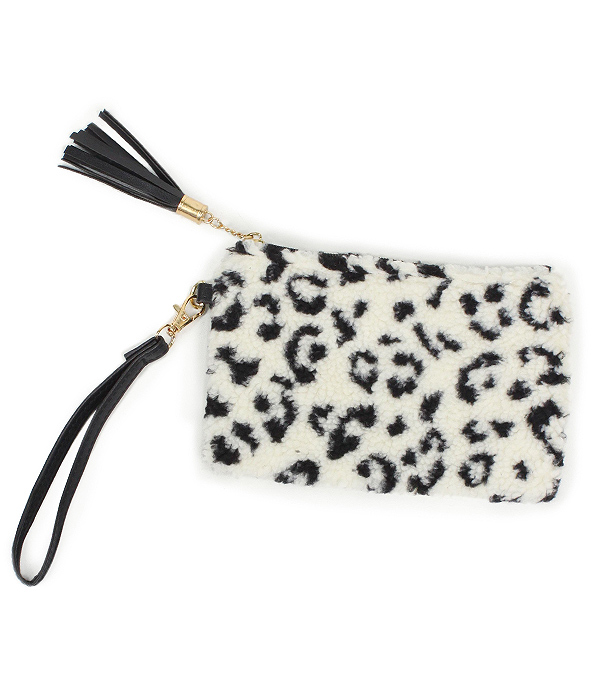 ANIMAL PRINT FUR WRISTLET POUCH BAG - 100% POLYESTER