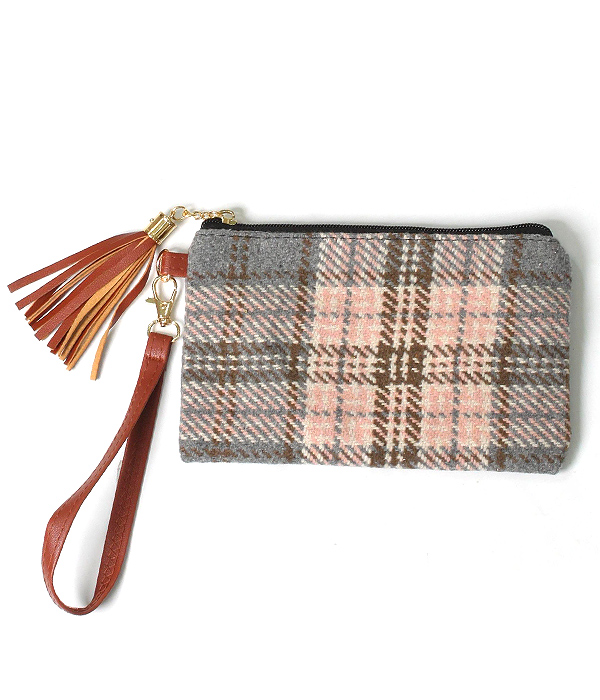 PLAID PATTERN WRISTLET POUCH BAG - 100% POLYESTER