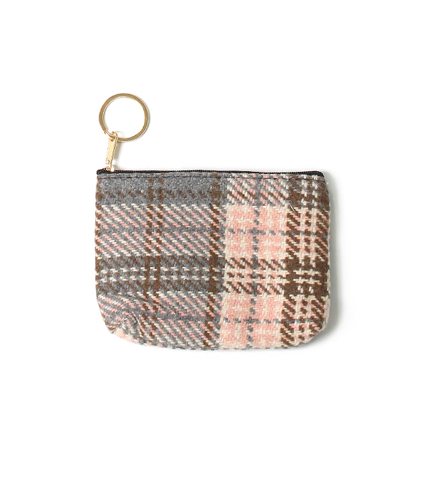 PLAID PATTERN COIN PURSE - 100% POLYESTER