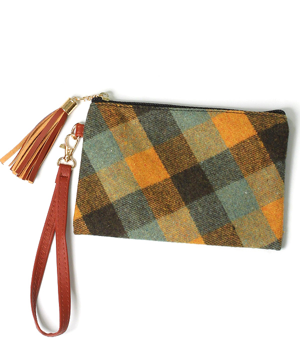 PLAID PATTERN WRISTLET POUCH BAG - 100% POLYESTER