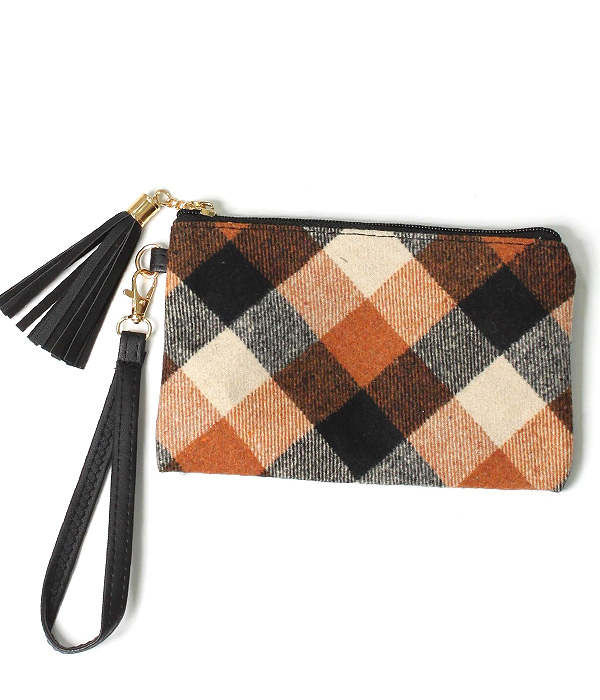 PLAID PATTERN WRISTLET POUCH BAG - 100% POLYESTER