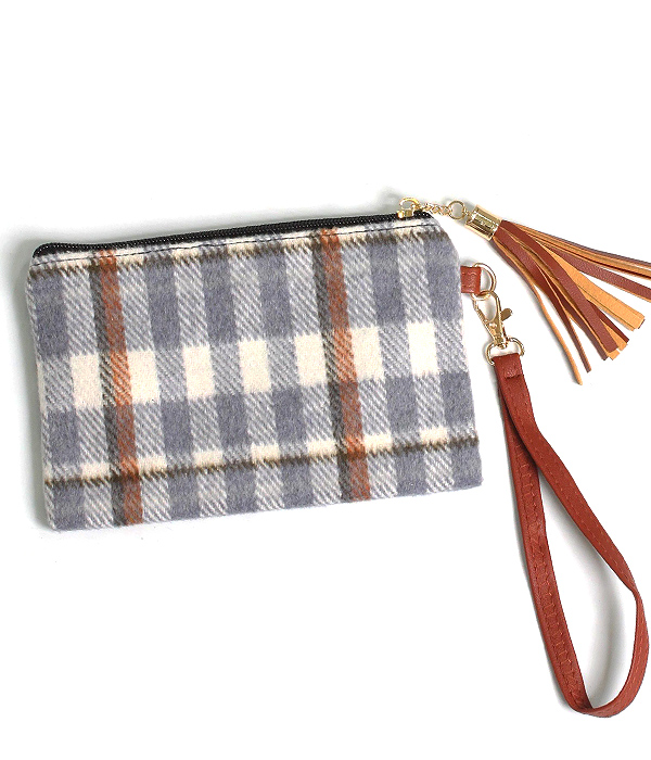 PLAID PATTERN WRISTLET POUCH BAG - 100% POLYESTER