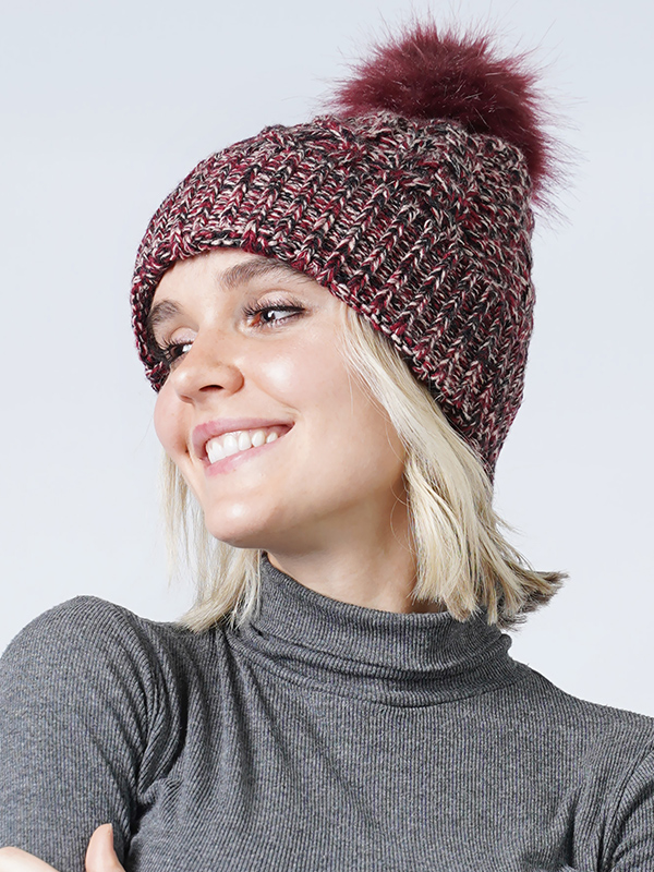 MULTI COLOR KNIT BEANIE WITH POMPOM - 100% ACRYLIC