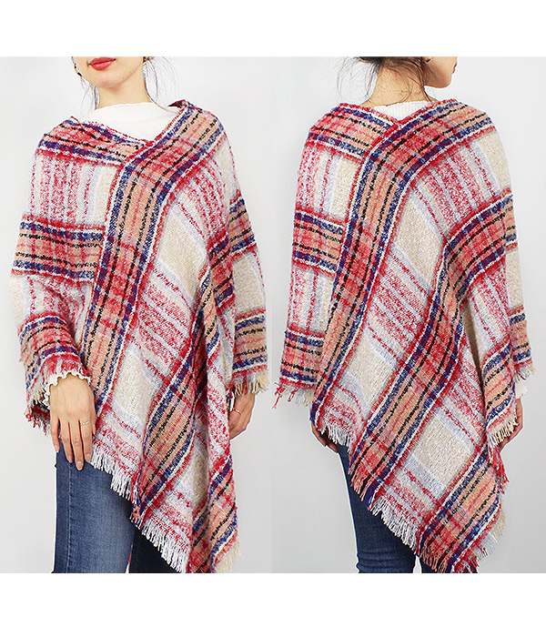 PLAID PATTERN WOVEN PONCHO - 100% POLYESTER