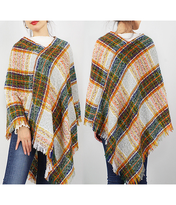 PLAID PATTERN WOVEN PONCHO - 100% POLYESTER