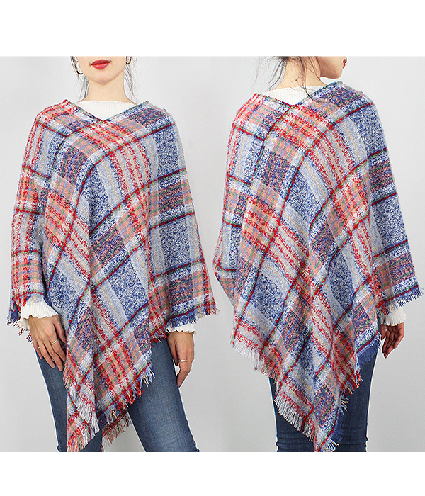 PLAID PATTERN WOVEN PONCHO - 100% POLYESTER