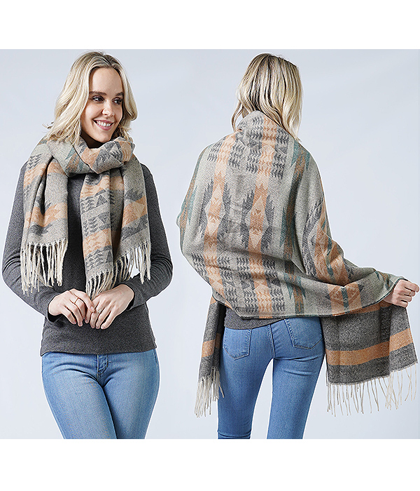 WESTERN PATTERN WOVEN BLANKET SCARF - 100% POLYESTER