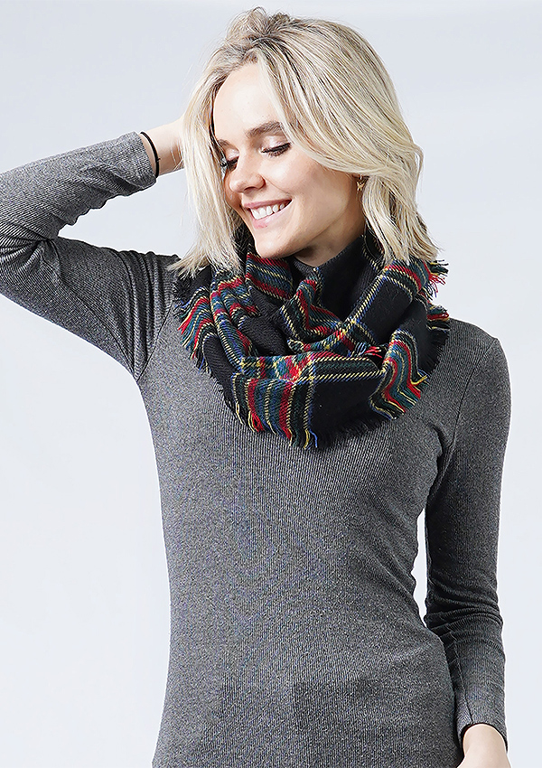PLAID INFINITY SCARF WITH FRAYED EDGE - 100% POLYESTER