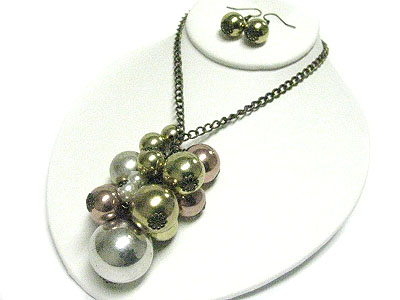 MULTI METAL BALL CLUSTER DROP NECKLACE EARRING SET