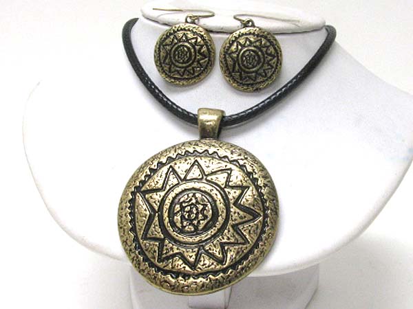Aztec inspired large round mural fresco pendant necklace earring set -western