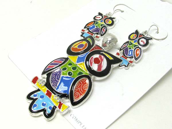 Designer inspired color art owl pendant earring set