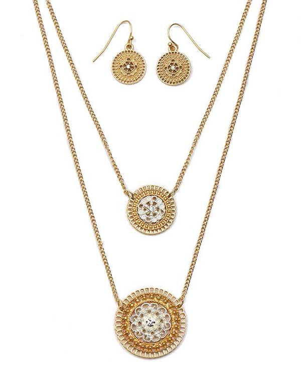 Crystal and metal filigree disk pendant double layer necklace set