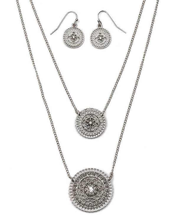 Crystal and metal filigree disk pendant double layer necklace set