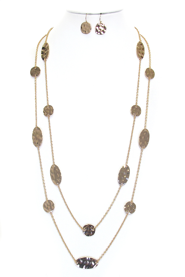 Hammered metal disk link double layer long necklace set