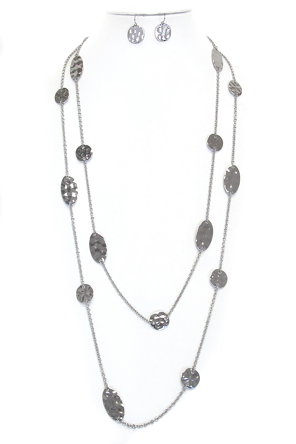 Hammered metal disk link double layer long necklace set