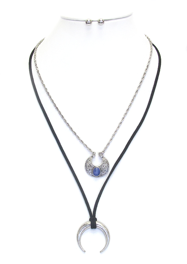 Double layer horn pendant necklace set