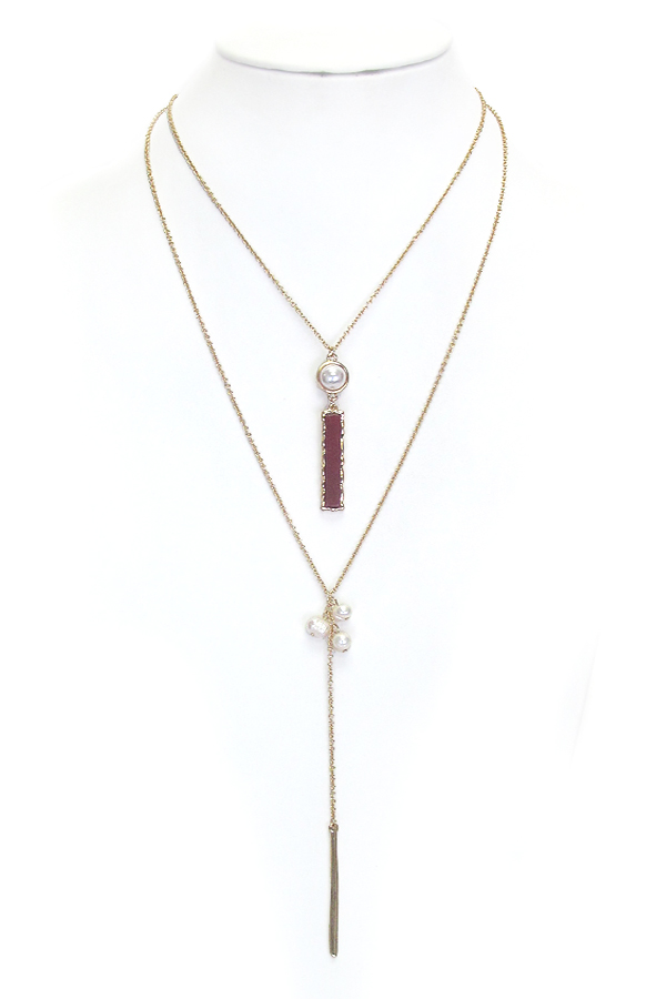 Genuine stone bar drop double layer y shape necklace