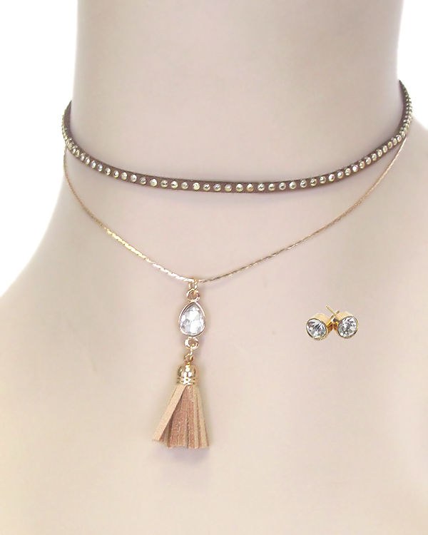 METAL STUD LEATHERETTE AND FINE CHAIN DOUBLE LAYER CRYSTAL TASSEL DROP CHOKER NECKLACE SET