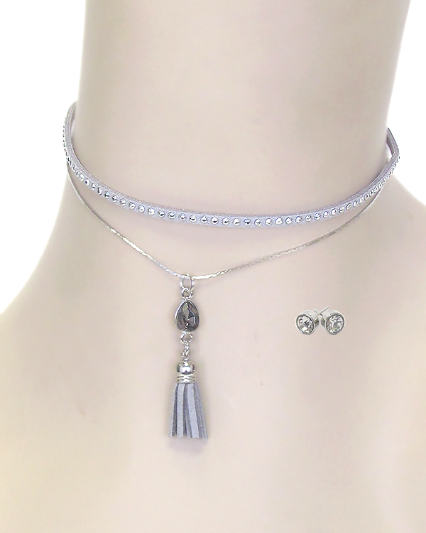 Metal stud leatherette and fine chain double layer crystal tassel drop choker necklace set