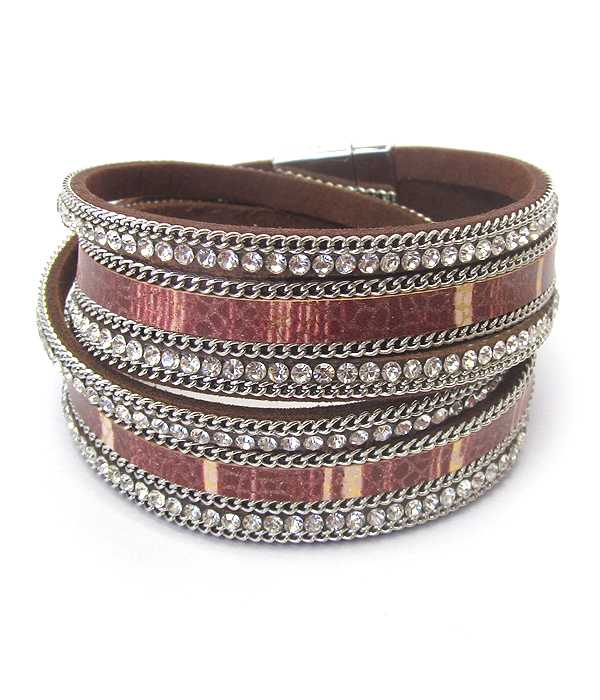 Crystal and leather double wrap magnetic bracelet