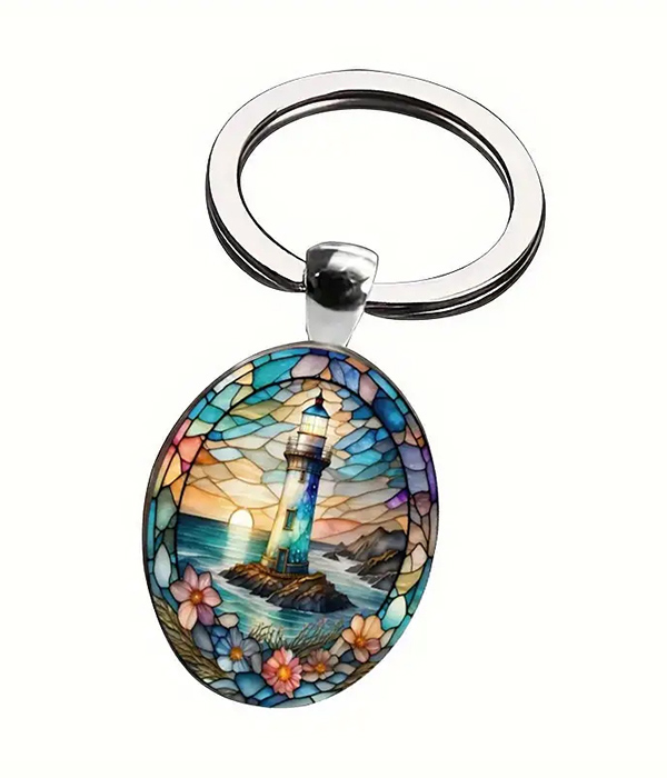 Retro lighthouse oval keychain