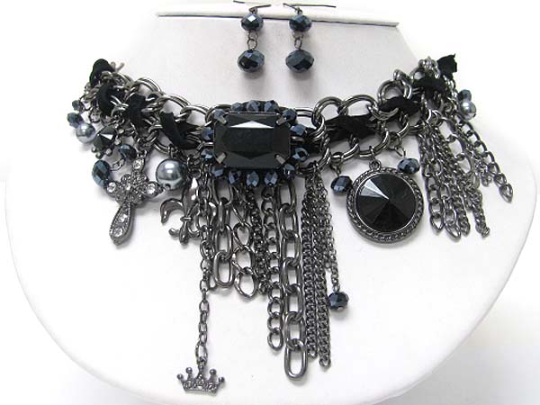 CRYSTAL STUD MULTI CHARM AND CHAIN DANGLE SUEDE AND CHAIN NECKLACE EARRING SET