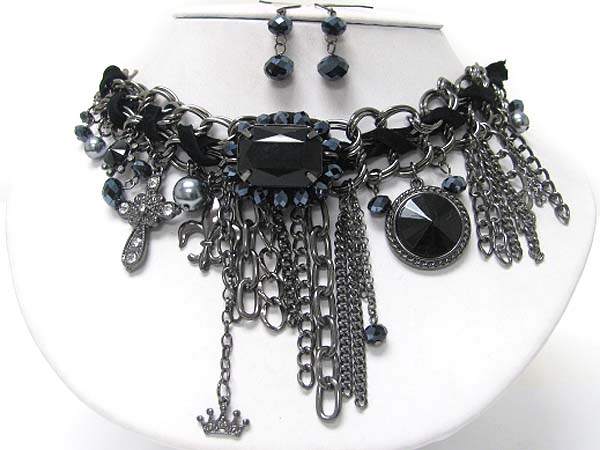 Crystal stud multi charm and chain dangle suede and chain necklace earring set