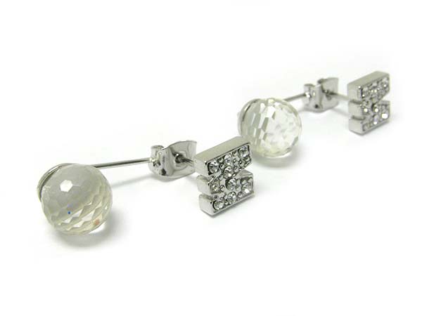 Made in korea whitegold plating double sided front crystal initial post and back crystal ball drop earring