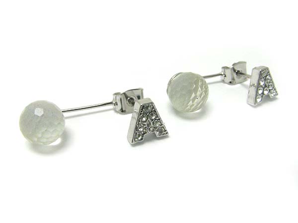 Made in korea whitegold plating double sided front crystal initial post and back crystal ball drop earring