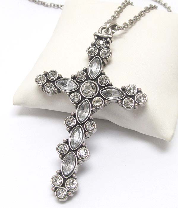 Crystal deco large vintage cross pendant long necklace