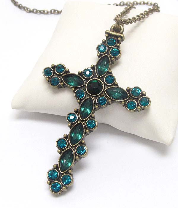 Crystal deco large vintage cross pendant long necklace