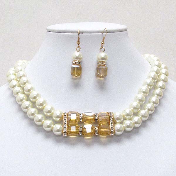 Crystal and glass cube deco double pearl chain necklace earring set