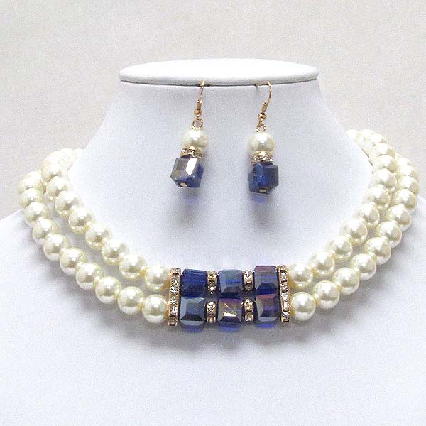 Crystal and glass cube deco double pearl chain necklace earring set