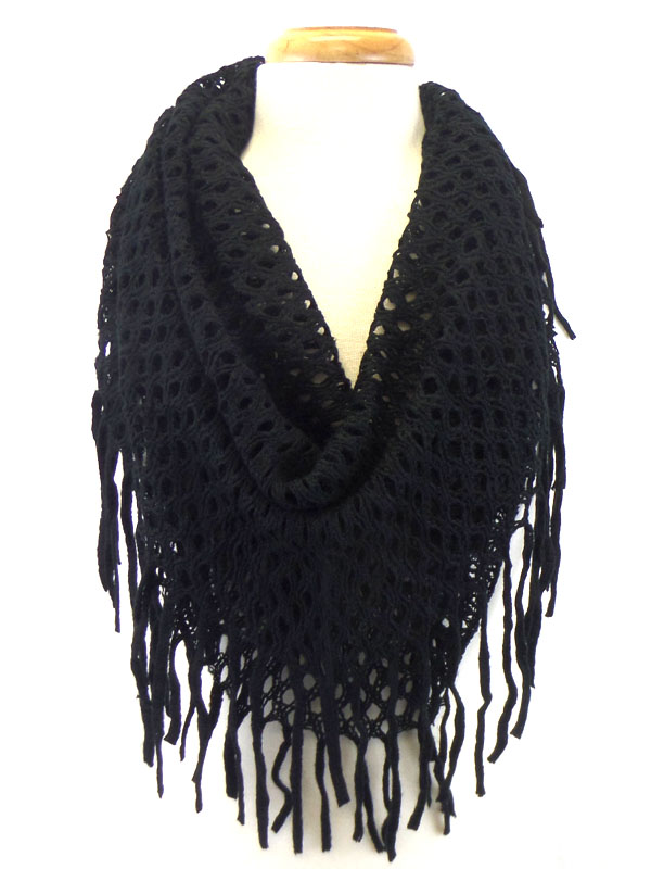 Net and fringe with tassel drop infinity scarf
