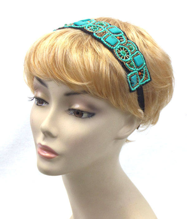 Handmade multi pattern  seedbead and turquoise stone headband