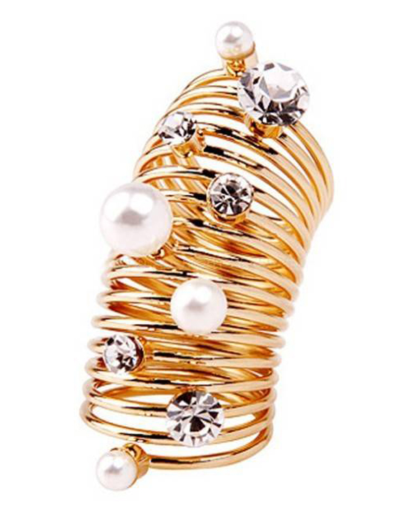 Pearl and crystal long finger metal spring ring