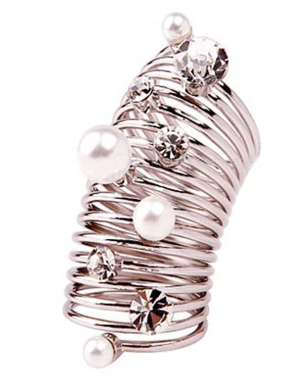 Pearl and crystal long finger metal spring ring