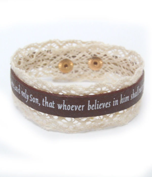 Vintage lace and leather message bracelet - john 3:16