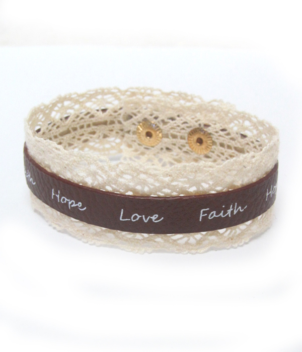 Vintage lace and leather message bracelet - faith hope love