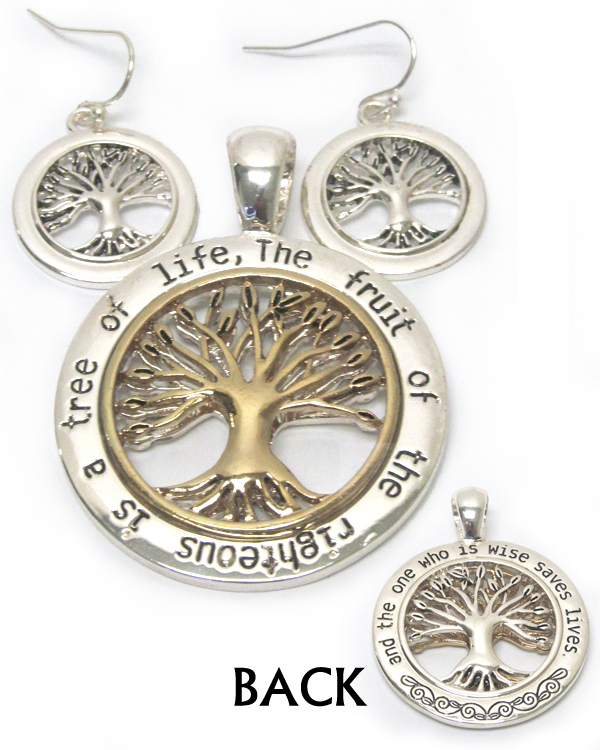 METAL FILIGREE FRONT AND BACK BOTH SIDE TREE OF LIFE PENDANT AND EARRING SET
